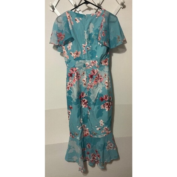 Adrianna Papell Floral Flutter Sleeve Wrap Dress Size 2 Aqua Pink Ruffle Hem - Picture 3 of 8